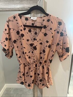 Sienna Sky Peach-Pink Floral V-Neck Peplum Blouse